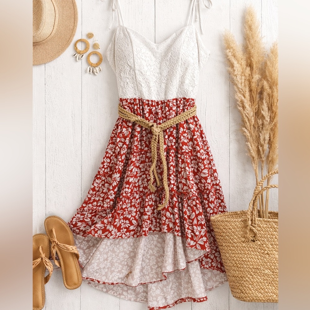 Boho Lace Floral Sundress Tie Strap High Low Dress L 11-13